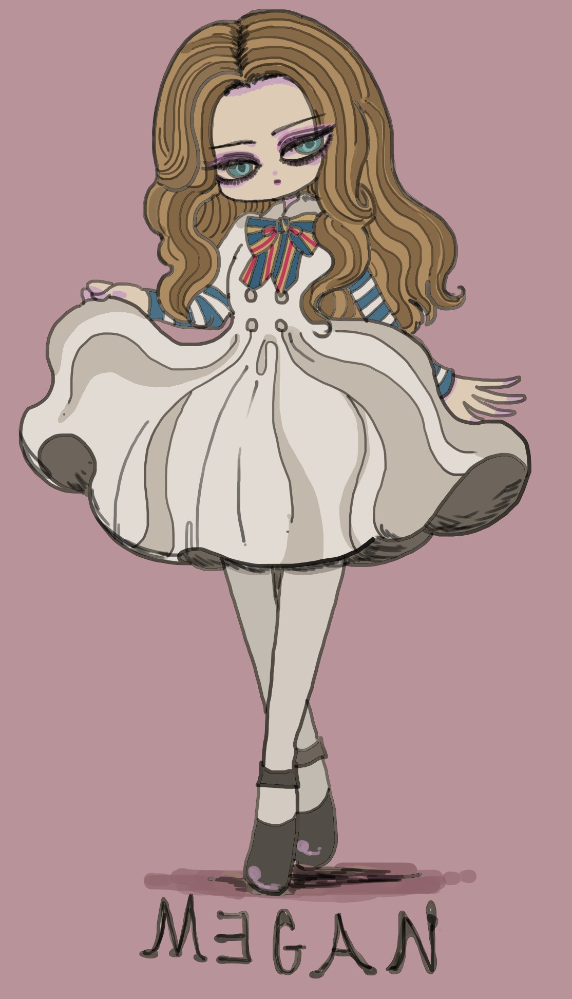 1girl, blonde_hair, blue_eyes, character_name, closed_mouth, dress, expressionless, forehead