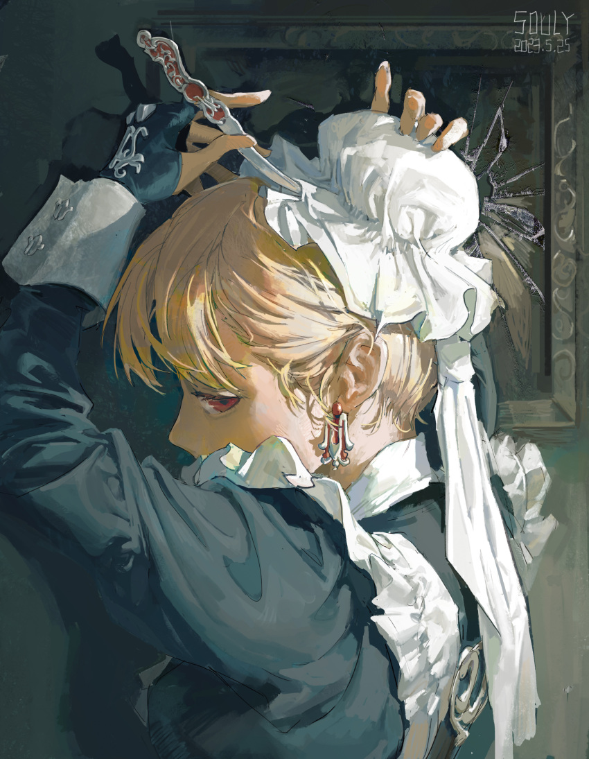1girl, absurdres, apron, arms_up, artist_name, black_gloves, blonde_hair, bun_cover