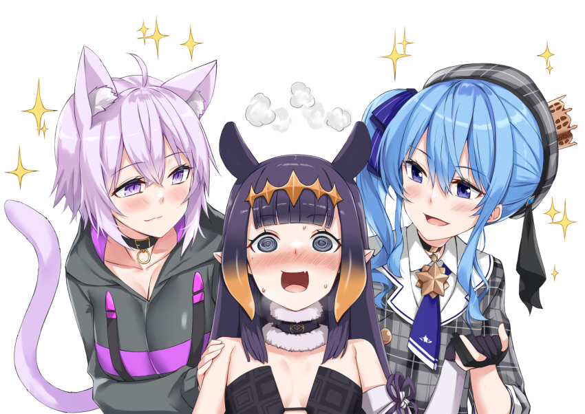 3girls, @_@, ahoge, animal_ear_fluff, animal_ears, asymmetrical_hair, beret, black_collar