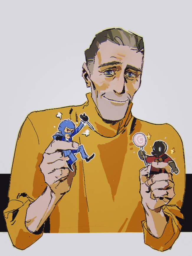 1boy, alternate_costume, blue_eyes, chinese_commentary, commentary_request, doll, hair_slicked_back, hands_up, holding, holding_doll, long_sleeves, looking_at_viewer, male_focus, photo-referenced, pyro_(tf2), simple_background, sitting, smile, solo, spy_(tf2), straight-on, sweater, t5fwtf, team_fortress_2, turtleneck, turtleneck_sweater, upper_body, white_background, yellow_sweater
