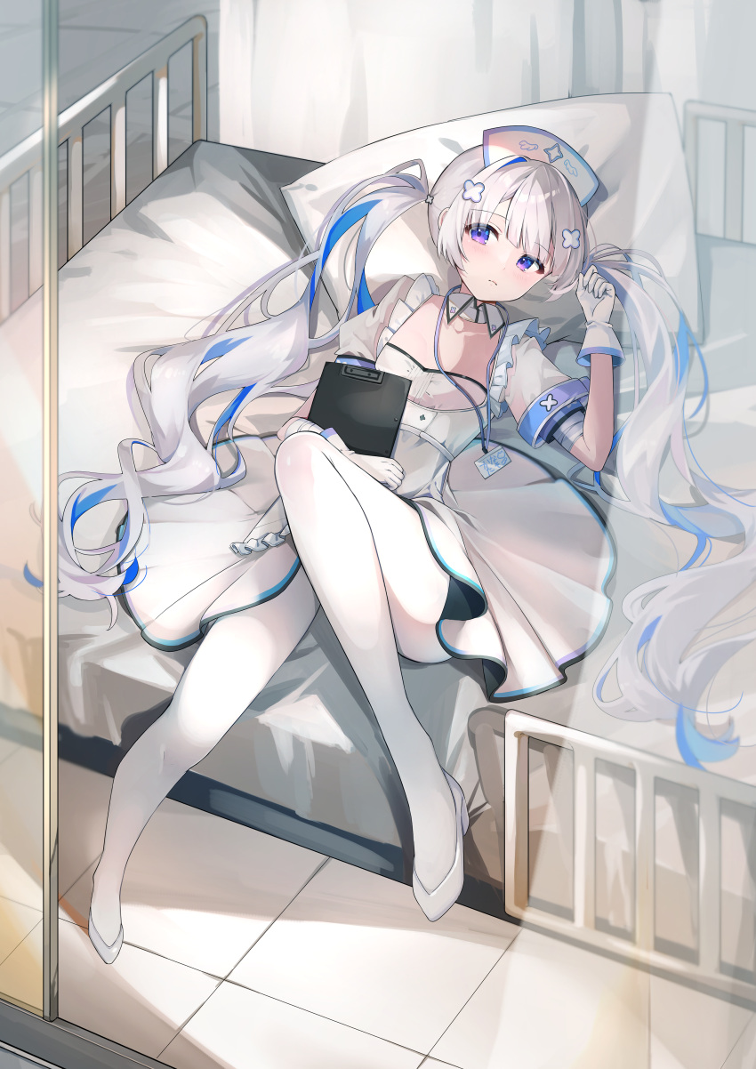 1girl, absurdres, amane_kanata, amane_kanata_(4th_costume), bed, blue_hair, clipboard, colored_inner_hair