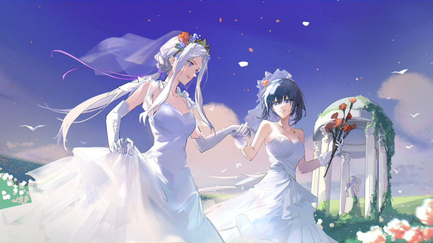 2girls, artuvia, bare_shoulders, blue_eyes, blue_hair, blue_sky, bouquet, bridal_veil