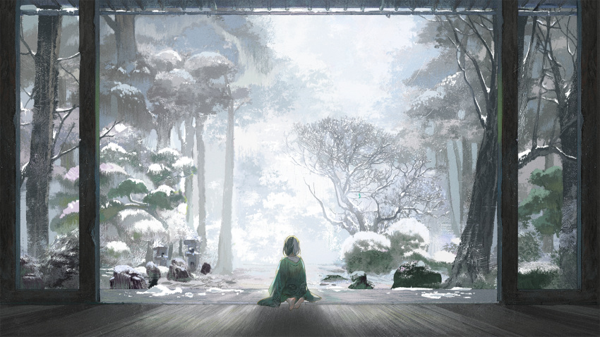architecture, bare_tree, barefoot, black_hair, bush, character_request, day, east_asian_architecture