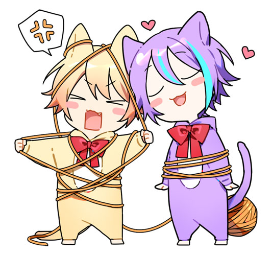 >_<, 2boys, anger_vein, animal_ears, aqua_hair, blonde_hair, blush, bow
