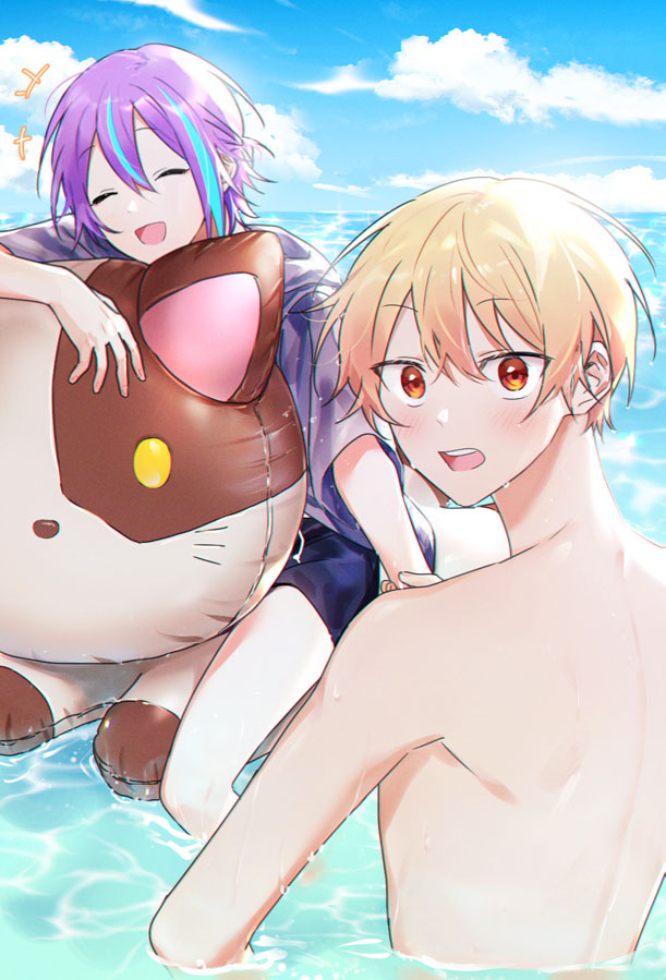+++, 2boys, aqua_hair, blonde_hair, blush, closed_eyes, clouds, commentary