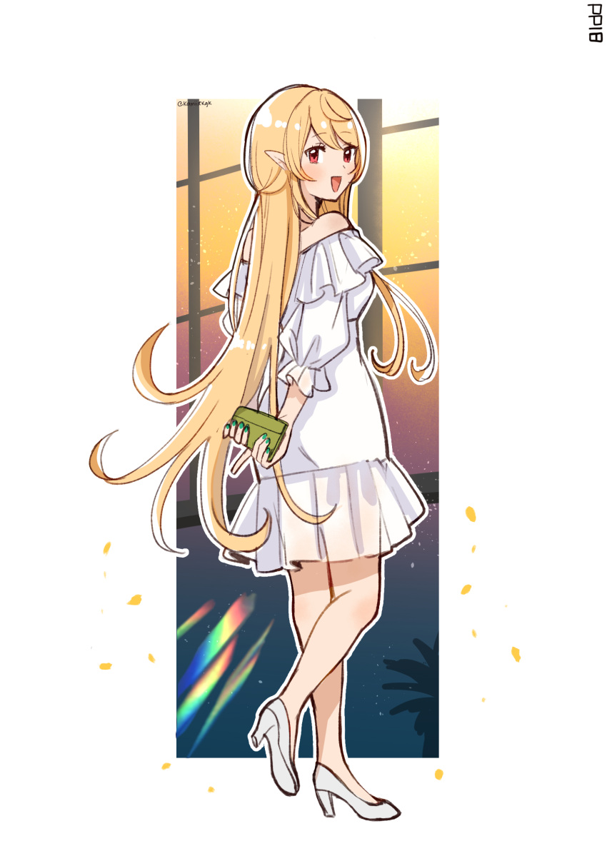 1girl, absurdres, blonde_hair, blush, dress, fairy, green_nails, hakamii