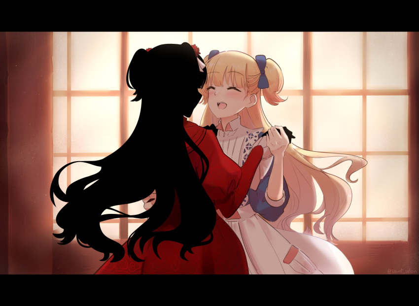 2girls, backlighting, blue_bow, blue_dress, blush, bow, closed_eyes, commentary_request, dancing, dress, emilico_(shadows_house), flower, hair_bow, hair_flower, hair_ornament, highres, holding_hands, indoors, kate_(shadows_house), letterboxed, long_hair, looking_at_another, multiple_girls, open_mouth, red_dress, shadow_(shadows_house), shadows_house, smile, teeth, twitter_username, two_side_up, udon-udon, upper_teeth_only, very_long_hair, white_bow, yuri