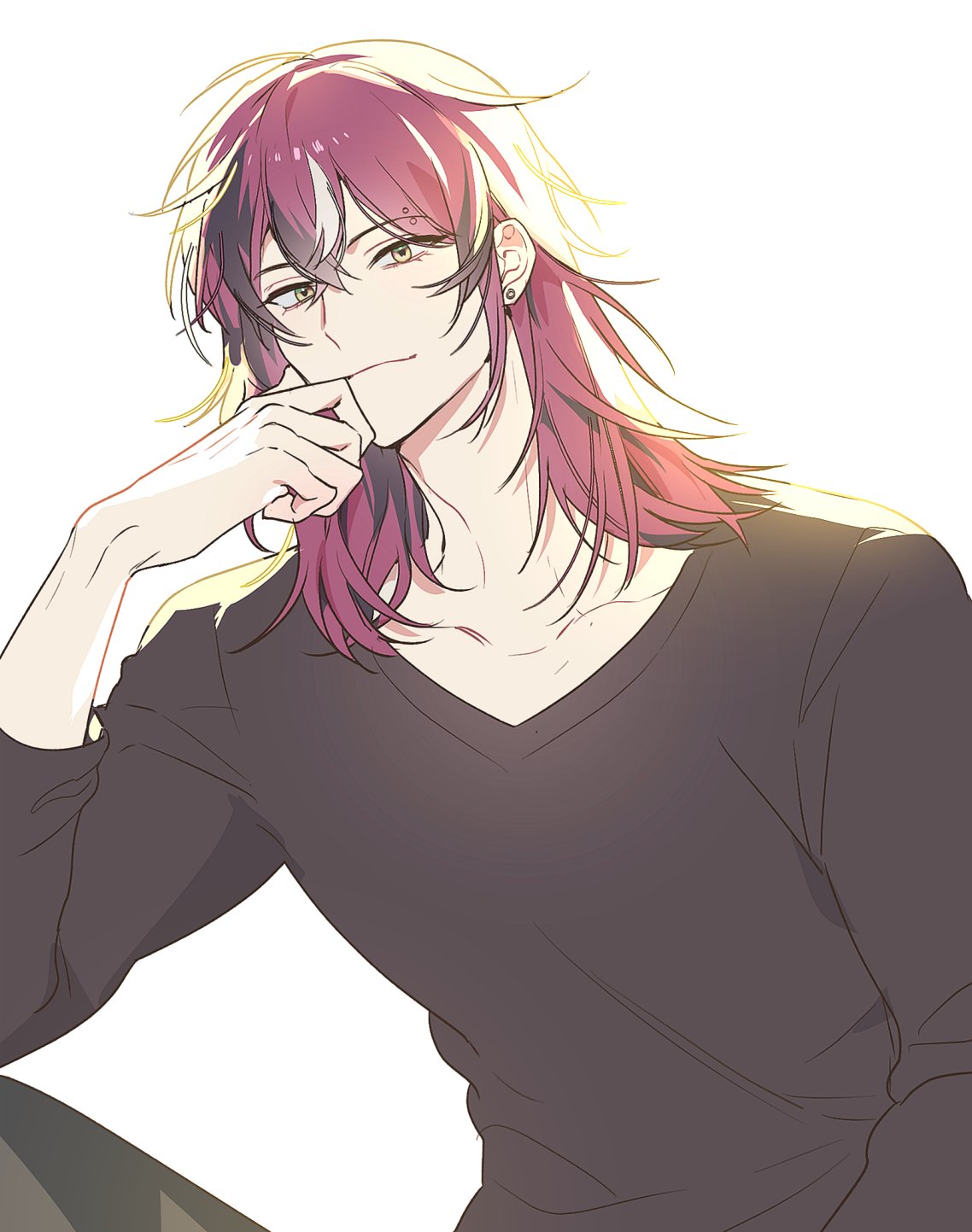 1boy, alternate_hair_length, alternate_hairstyle, backlighting, black_hair, black_shirt, closed_mouth, collarbone