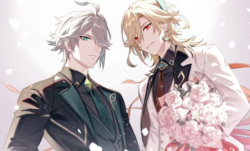 2boys, alhaitham_(genshin_impact), black_jacket, black_shirt, bouquet, brooch, buttons, collared_shirt