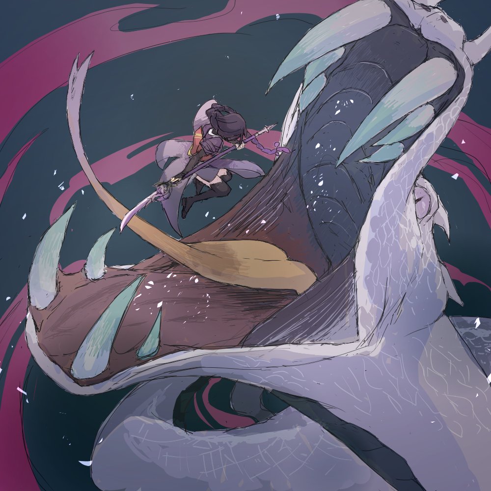 1girl, animal, black_hair, black_thighhighs, fangs, forked_tongue, genshin_impact, gradient_hair