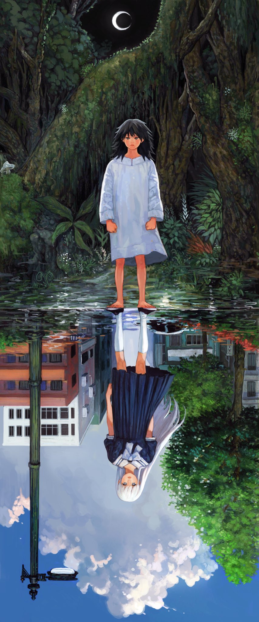 2girls, arms_at_sides, barefoot, black_footwear, black_hair, blue_dress, blue_sky, blunt_bangs, building, city, clouds, contrast, crescent_moon, day, day_and_night, different_reflection, dress, floating_hair, forest, highres, jungle, kneehighs, korean_commentary, lamppost, loafers, long_hair, long_sleeves, looking_at_viewer, medium_hair, messy_hair, moon, moss, multiple_girls, n0ma, nature, night, night_sky, original, outdoors, pleated_dress, puddle, reflection, robe, sailor_dress, shoes, short_sleeves, sky, socks, standing, straight-on, straight_hair, traditional_media, tree, upside-down, very_long_hair, white_dress, white_robe, white_socks