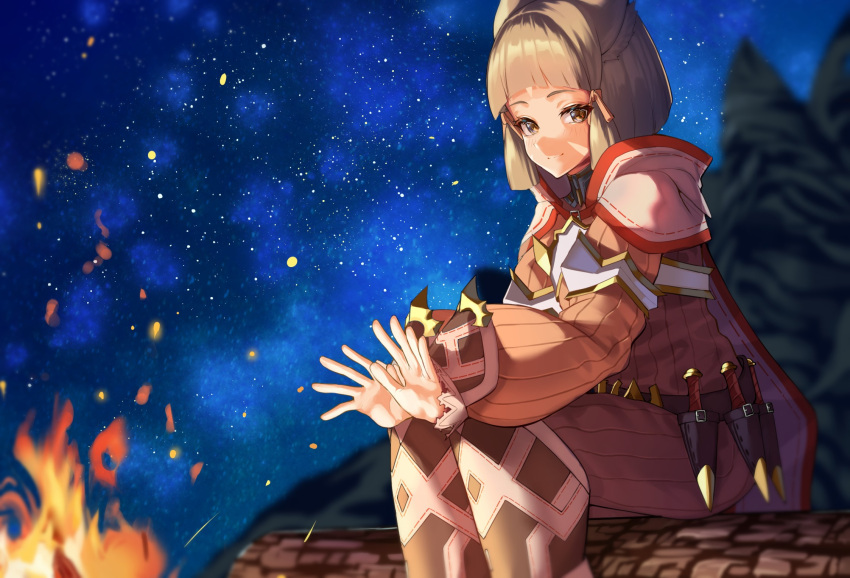 1girl, animal_ear_fluff, animal_ears, brown_eyes, brown_hair, brown_jumpsuit, campfire, cape