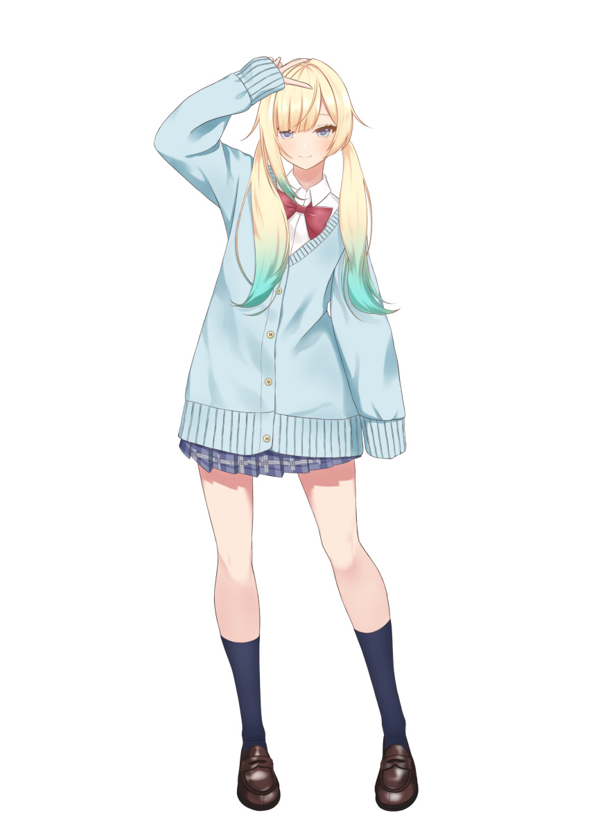 1girl, absurdres, aizawa_ema, alternate_costume, black_socks, blonde_hair, blue_cardigan, blue_eyes, blue_hair, blunt_bangs, bow, bowtie, brown_footwear, cardigan, collared_shirt, contrapposto, dress_shirt, full_body, gradient_hair, grey_skirt, highres, kneehighs, loafers, long_hair, long_sleeves, looking_at_viewer, miniskirt, multicolored_hair, nouto, pleated_skirt, red_bow, red_bowtie, school_uniform, shirt, shoes, simple_background, skirt, sleeves_past_wrists, smile, socks, solo, v, virtual_youtuber, vspo!, white_background, white_shirt, wing_collar