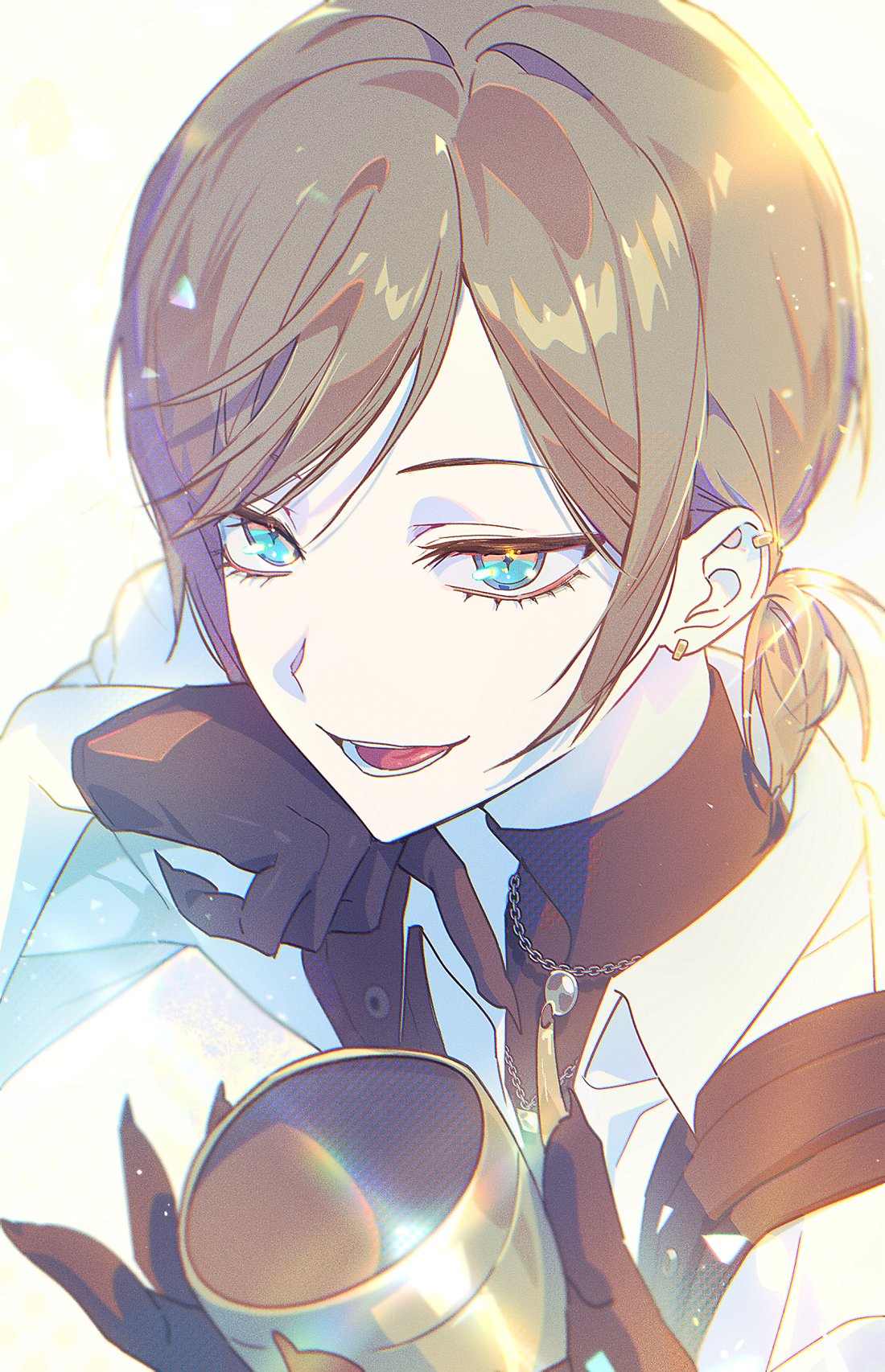 1boy, aqua_eyes, black_gloves, black_undershirt, brown_hair, chain, chain_necklace, chalice