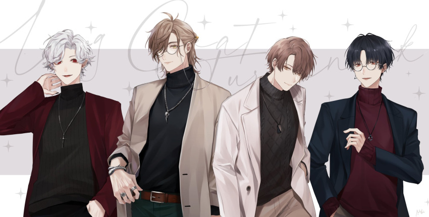 4boys, aran_sweater, barbell_piercing, belt, bespectacled, black_hair, black_jacket, black_nails