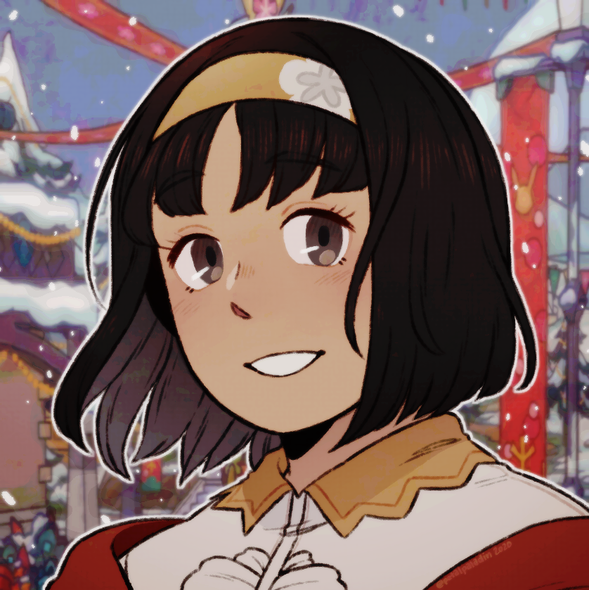 1girl, blush, brown_eyes, brown_hair, collared_dress, commentary, dress, erika_(holiday_2020)_(pokemon), erika_(pokemon), eyelashes, floral_print, grin, hairband, official_alternate_costume, outdoors, outline, petalpaladin, pokemon, pokemon_(game), pokemon_masters_ex, portrait, smile, snowing, solo, teeth, winter, yellow_hairband