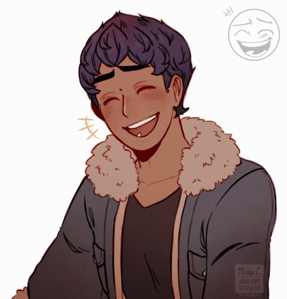 +++, 1boy, :d, blush, closed_eyes, collarbone, commentary, dark-skinned_male