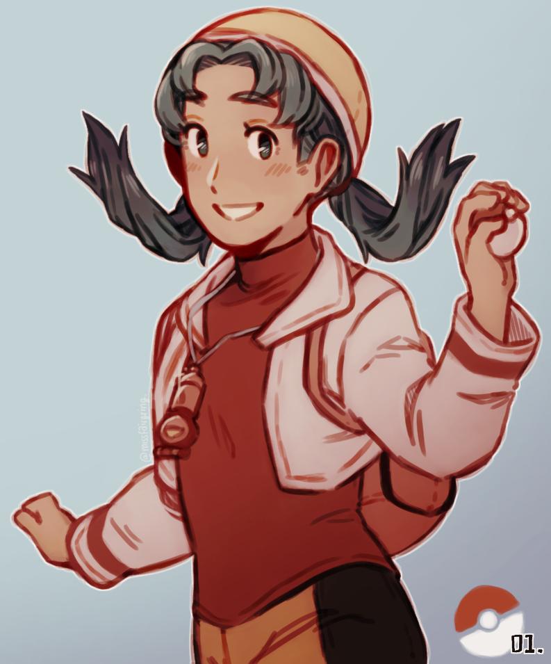 1girl, blush, commentary, cropped_jacket, eyelashes, flipped_hair, green_eyes, green_hair, grin, hand_up, hat, holding, holding_poke_ball, jacket, kris_(pokemon), long_hair, open_clothes, open_jacket, parted_bangs, petalpaladin, poke_ball, poke_ball_(basic), poke_ball_symbol, pokemon, pokemon_(game), pokemon_gsc, red_shirt, shirt, shorts, smile, solo, teeth, twintails, white_jacket, yellow_headwear