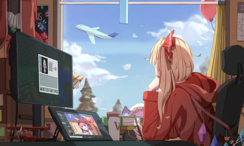 1girl, absurdres, aircraft, airplane, among_us, balloon, blonde_hair, blue_(among_us)