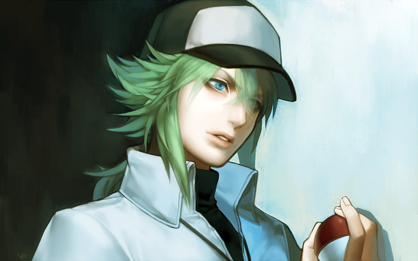 baseball_cap, blue_eyes, green_hair, hat, holding, holding_poke_ball, male, n_(pokemon), poke_ball, pokemon, pokemon_(game), pokemon_black_and_white, pokemon_bw, ponytail, realistic, solo, turtleneck, wallpaper, yohi