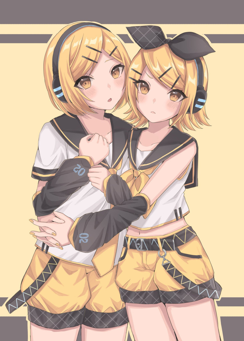 1boy, 1girl, alternate_color, alternate_hairstyle, androgynous, arm_warmers, black_sailor_collar, blonde_hair, brother_and_sister, cropped_shoulders, hair_ornament, hairclip, headphones, headset, highres, hug, kagamine_len, kagamine_len_(if), kagamine_rin, kagamine_rin_(if), looking_at_viewer, neckerchief, necktie, possessive, prototype_design, sailor_collar, shirt, short_hair, short_sleeves, shorts, siblings, straight_hair, swept_bangs, symmetry, twins, vocaloid, white_shirt, yellow_eyes, yellow_nails, yellow_neckerchief, yellow_necktie, yellow_shorts, zumin0627