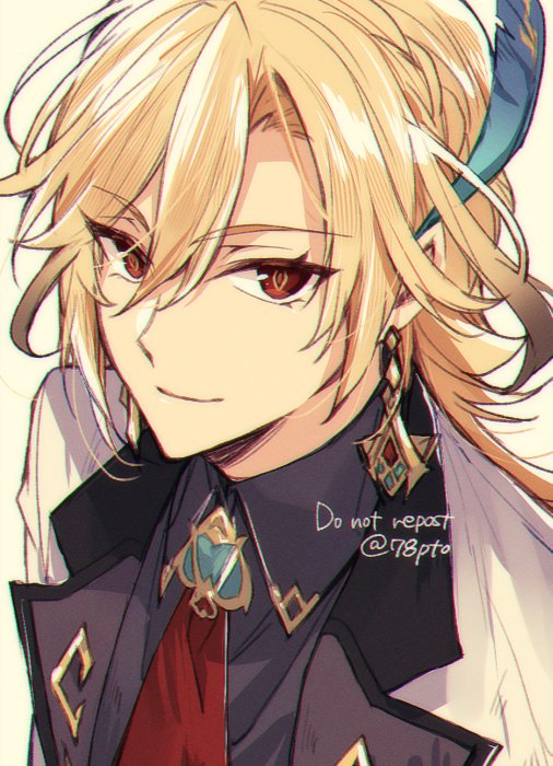 1boy, black_shirt, blonde_hair, braid, earrings, english_text, feather_hair_ornament, feathers