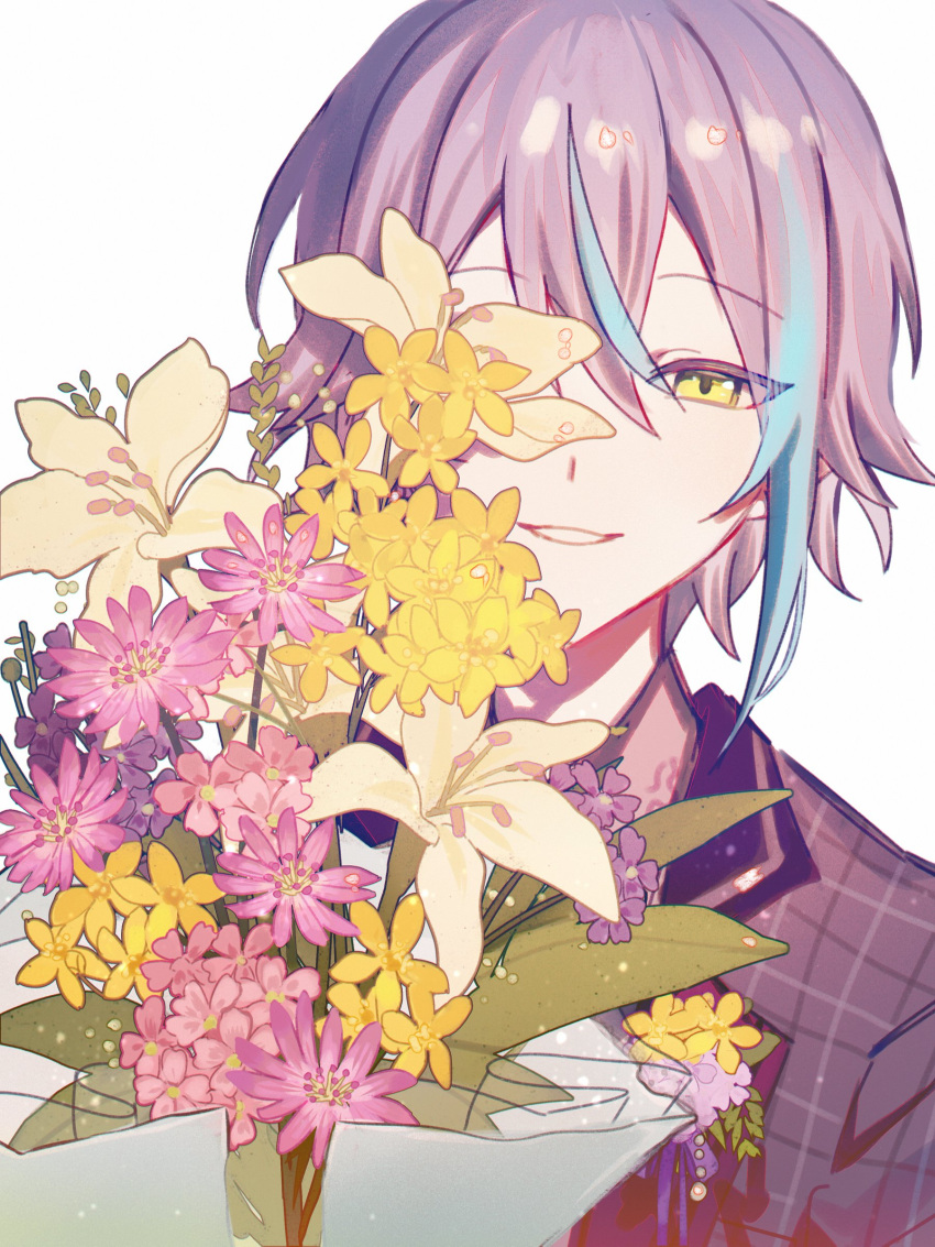 1boy, absurdres, aqua_hair, bouquet, commentary, flower, hair_between_eyes, highres
