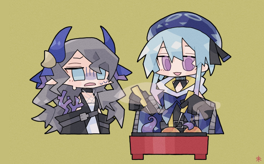 1boy, 1girl, :d, arknights, beret, black_gloves, black_jacket, blue_eyes