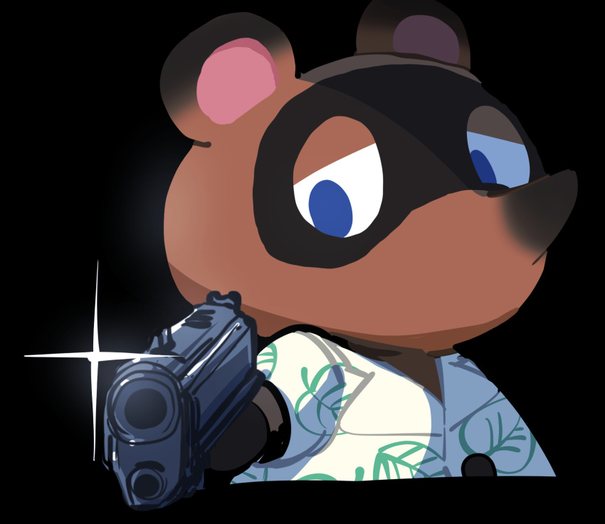 1boy, aiming_at_viewer, animal_crossing, black_background, blue_eyes, commentary_request, cropped_torso, furry