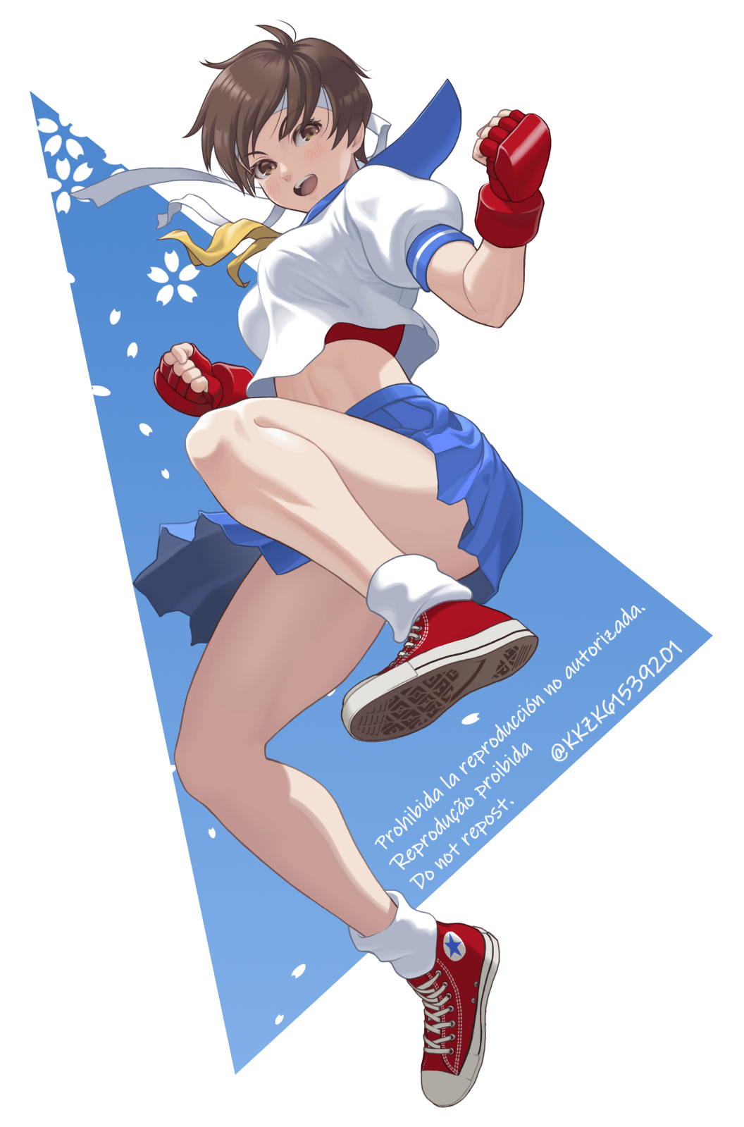 1girl, brown_eyes, brown_hair, highres, kasugano_sakura, kkzk61539201, laces, open_mouth, shoes, short_hair, skirt, smile, solo, street_fighter