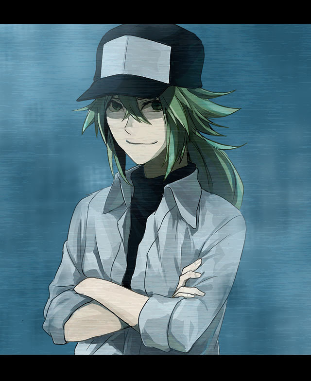 asa_(oaasvxr), baseball_cap, crossed_arms, green_eyes, green_hair, hat, male, n_(pokemon)