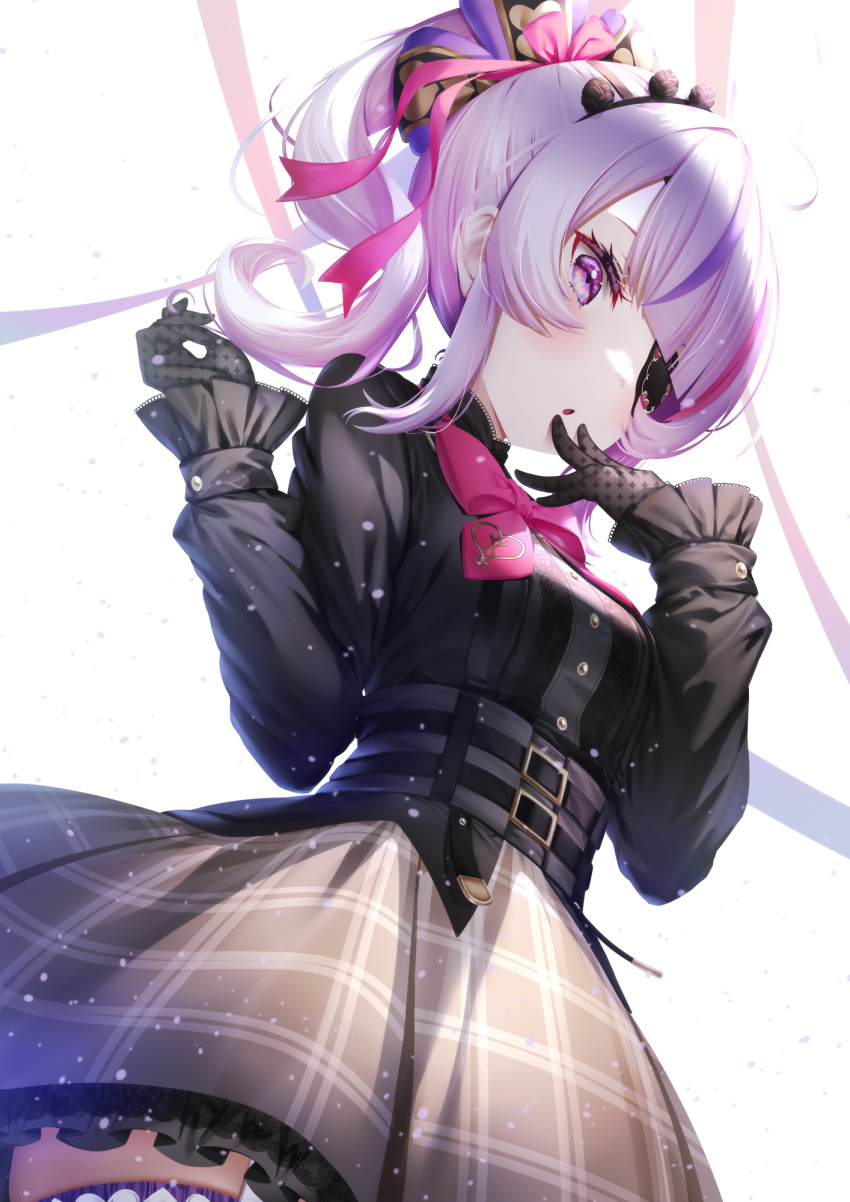 1girl, ahoge, black_shirt, bow, breasts, eyepatch, gloves, hair_ornament