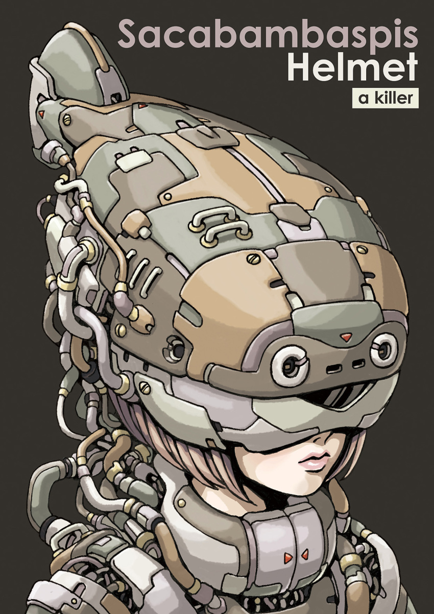 1girl, a_killer, animal_helmet, brown_background, closed_mouth, commentary, covered_eyes, english_commentary, english_text, expressionless, fish_helmet, helmet, highres, light_brown_hair, mixed-language_commentary, original, portrait, sacabambaspis, short_hair, simple_background, solo