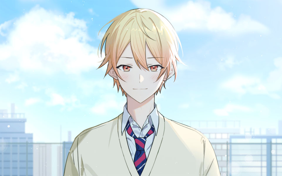 1boy, blonde_hair, blue_necktie, blue_sky, blush, building, cardigan, closed_mouth, clouds, collared_shirt, commentary, day, diagonal-striped_necktie, double-parted_bangs, fence, gradient_hair, gradient_sky, hair_between_eyes, hk_(wgyz7222), kamiyama_high_school_uniform_(project_sekai), looking_at_viewer, male_focus, multicolored_hair, multicolored_necktie, necktie, open_collar, orange_eyes, orange_hair, outdoors, project_sekai, red_necktie, school_uniform, shirt, short_hair, sky, solo, tenma_tsukasa, tsurime, upper_body, white_necktie, white_shirt, wire_fence, yellow_cardigan