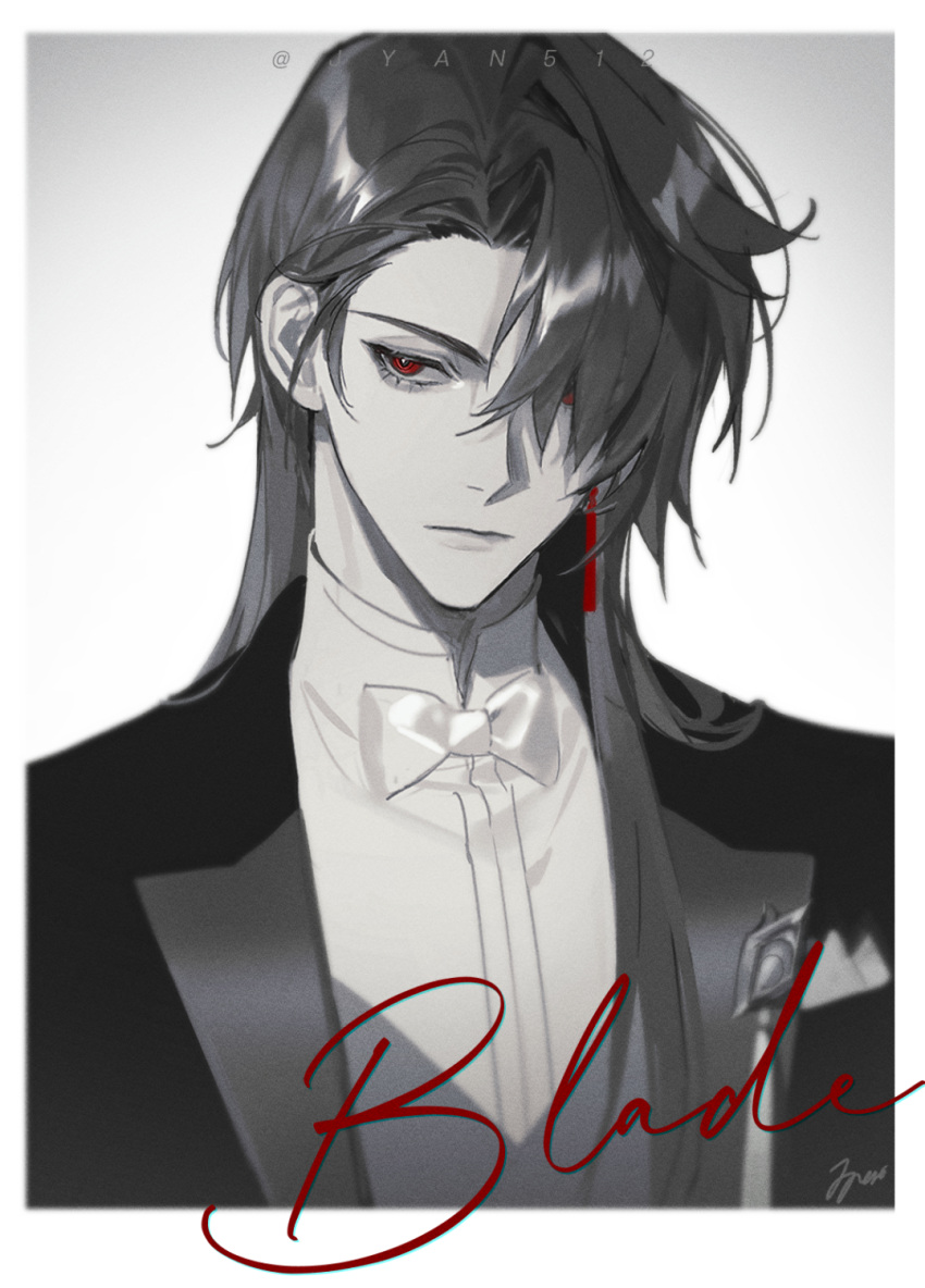 1boy, blade_(honkai:_star_rail), bow, bowtie, character_name, closed_mouth, earrings, formal, greyscale, hair_over_one_eye, highres, honkai:_star_rail, honkai_(series), jacket, jewelry, jyan512, long_hair, male_focus, monochrome, red_eyes, shirt, single_earring, solo, spot_color, tassel, tassel_earrings, tsurime, twitter_username, upper_body