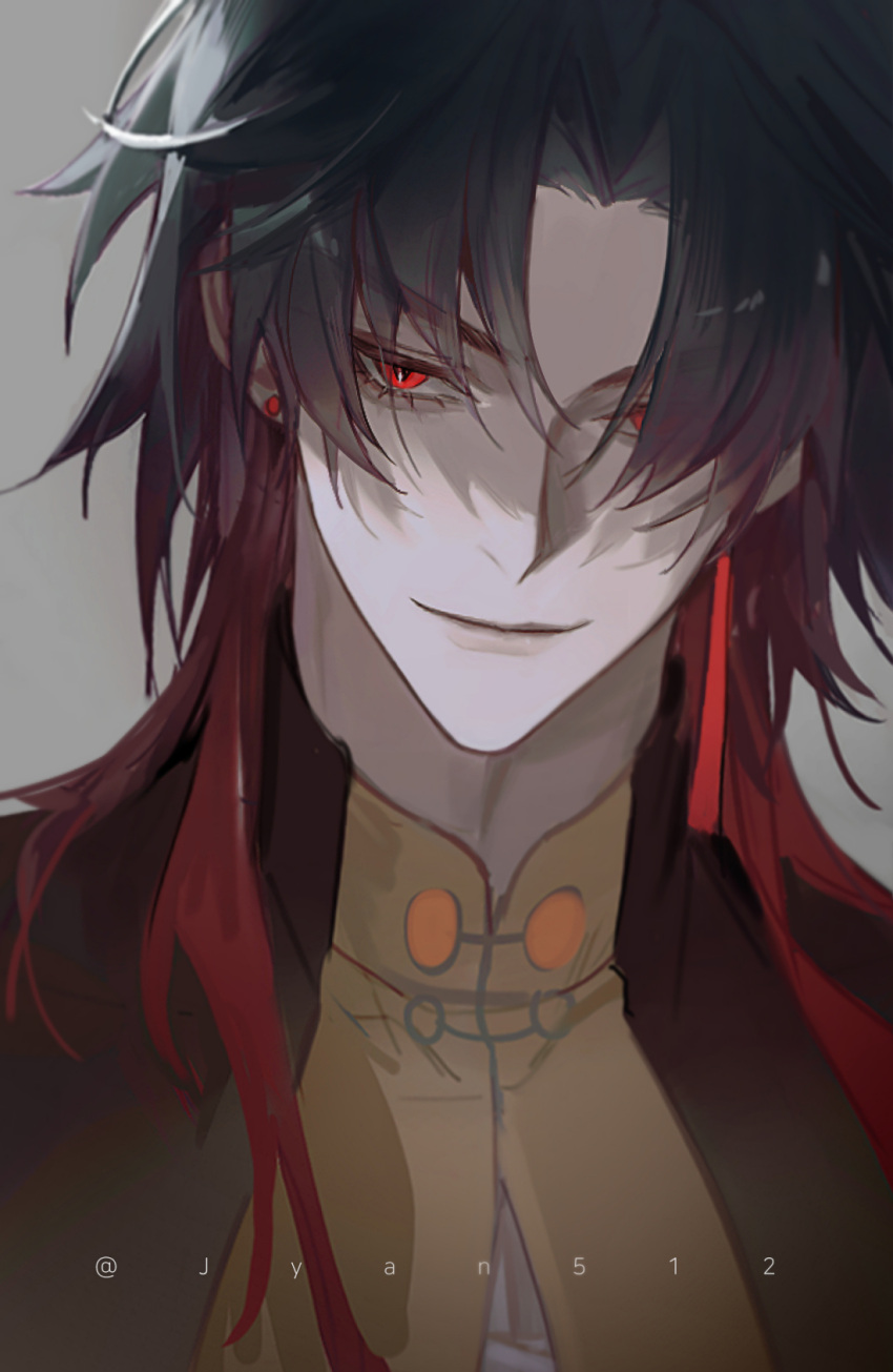 1boy, black_hair, black_jacket, blade_(honkai:_star_rail), closed_mouth, ear_piercing, earrings, grey_background, highres, honkai:_star_rail, honkai_(series), jacket, jewelry, jyan512, looking_at_viewer, male_focus, mismatched_earrings, multicolored_hair, piercing, red_eyes, redhead, simple_background, smile, solo, tassel, tassel_earrings, tsurime, twitter_username, two-tone_hair, upper_body, v-shaped_eyebrows