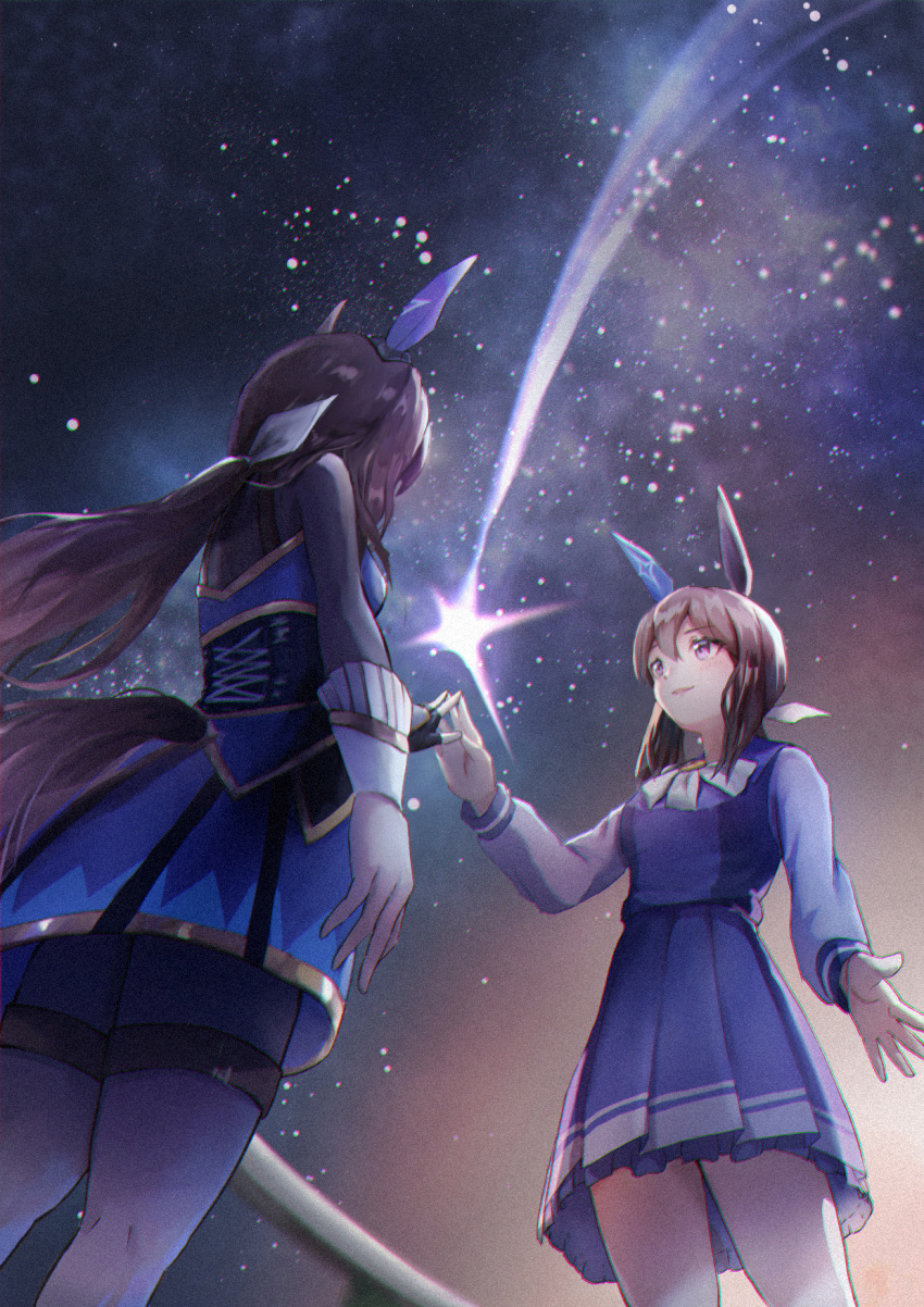 2girls, admire_vega's_twin_sister_(umamusume), admire_vega_(umamusume), animal_ears, aoniyoshi, bow, bowtie, brown_hair, ear_covers, frilled_skirt, frills, from_below, hair_between_eyes, highres, horse_ears, horse_girl, horse_tail, horseshoe_ornament, long_hair, long_sleeves, looking_at_another, low_ponytail, multiple_girls, night, night_sky, pleated_skirt, purple_shirt, purple_skirt, sailor_collar, sailor_shirt, school_uniform, shirt, single_ear_cover, skirt, sky, tail, tracen_school_uniform, umamusume, violet_eyes, white_bow, white_bowtie