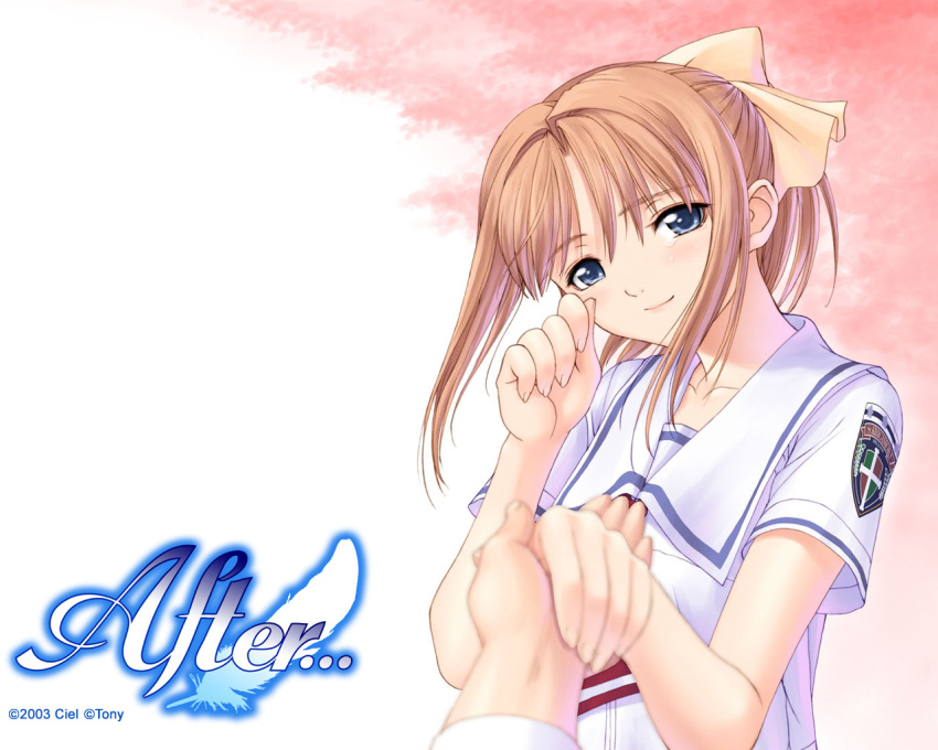 after_sweet_kiss, blue_eyes, brown_hair, head_tilt, holding_hands, kiss, ponytail, pov