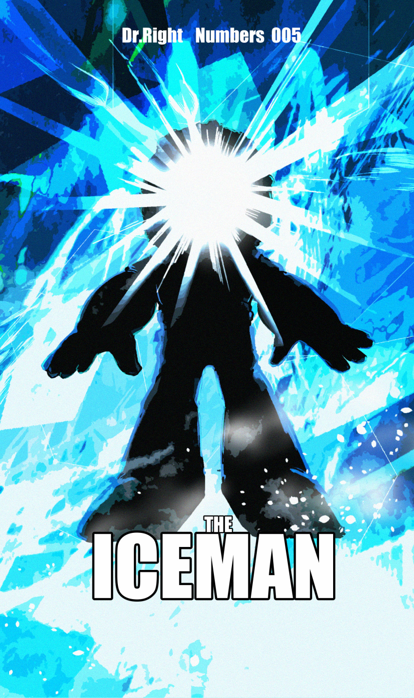 1boy, absurdres, english_text, highres, ice, ice_man, impact_(font), male_focus