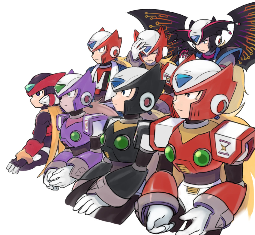6+boys, absolute_zero_(mega_man), android, black_zero_(mega_man), blonde_hair, blue_eyes, commentary_request, decodeco-a