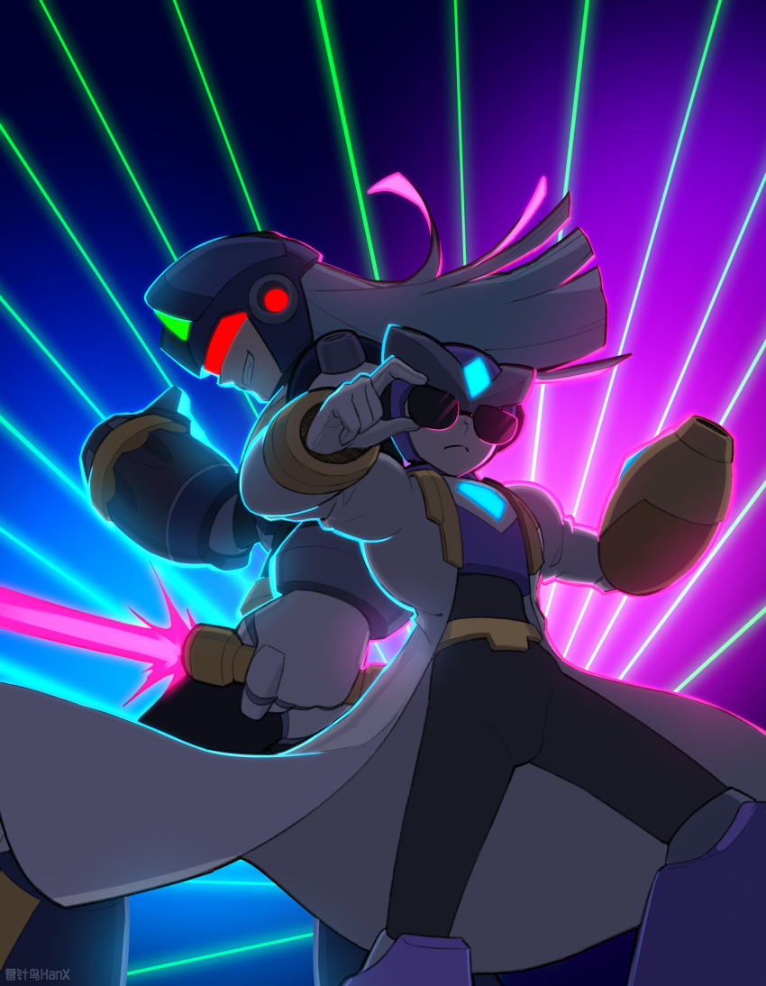 2boys, absurdres, adjusting_eyewear, android, arm_cannon, buzzsaw_(6631455), clenched_teeth, commentary