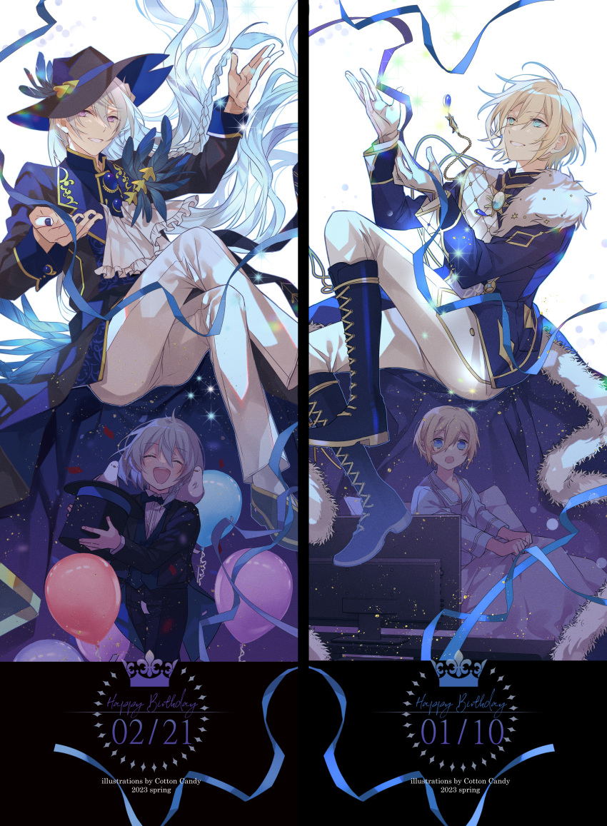 2boys, absurdres, aged_down, black_headwear, blonde_hair, blue_eyes, blue_feathers, blue_hair, blue_ribbon, ensemble_stars!, feathers, formal, hajimari_no_fantasia_(ensemble_stars!), hibiki_wataru, highres, hospital_gown, konu0110, light_blue_hair, long_hair, male_child, multiple_boys, official_alternate_costume, ribbon, short_hair, suit, tenshouin_eichi, violet_eyes