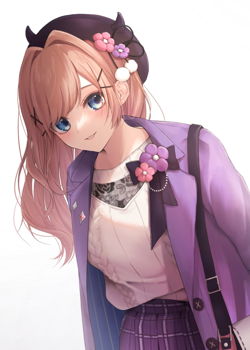 1girl, bag, blue_eyes, commentary_request, cowboy_shot, fake_horns, flower, hair_flower