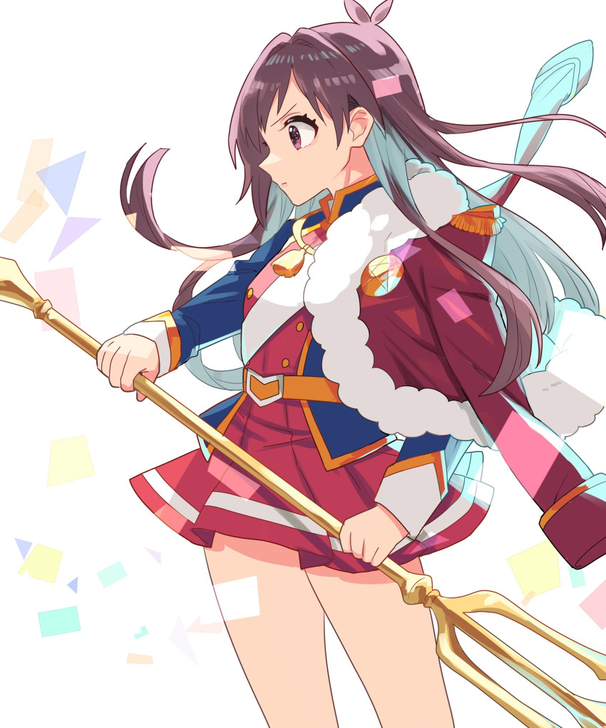 1girl, aijou_karen, aijou_karen_(cosplay), antenna_hair, belt, blue_jacket, breasts, brown_hair, closed_mouth, cosplay, cowboy_shot, dress, epaulettes, from_side, fur-trimmed_jacket, fur_trim, highres, holding, holding_weapon, idolmaster, idolmaster_cinderella_girls, idolmaster_cinderella_girls_starlight_stage, jacket, jacket_on_shoulders, long_hair, long_sleeves, looking_at_another, medium_breasts, open_clothes, open_jacket, orange_belt, pleated_skirt, red_dress, red_jacket, saito_katuo, shoujo_kageki_revue_starlight, skirt, solo, standing, tsujino_akari, v-shaped_eyebrows, weapon, white_background