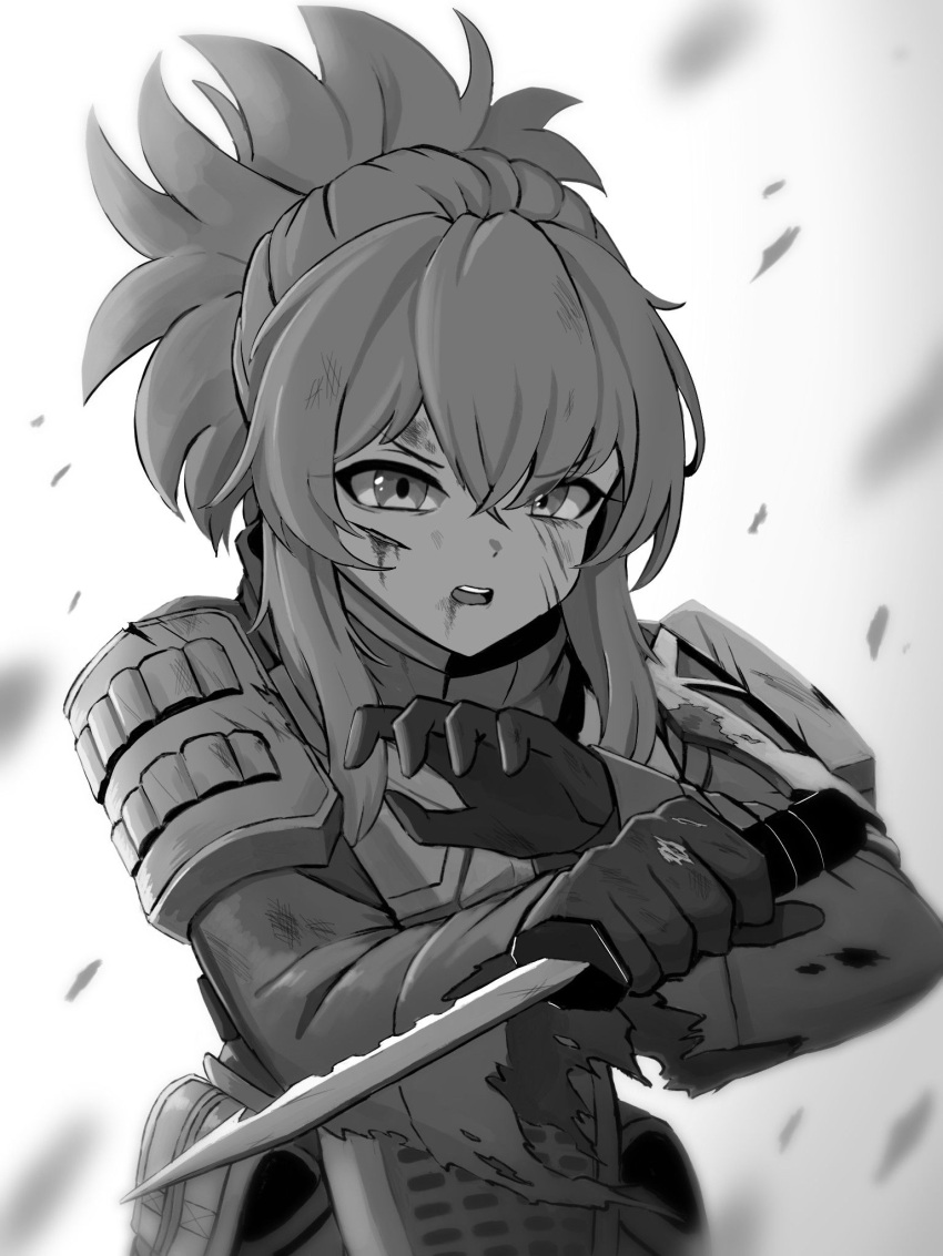 1girl, armor, blue_eyes, breastplate, chagaun_gim, fighting_stance, goddess_of_victory:_nikke, greyscale