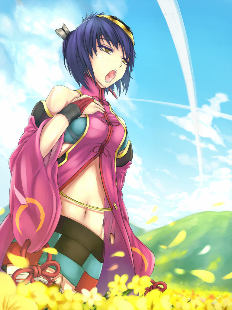 ar_tonelico_ii, bad_id, bandeau, blue_hair, bra, bridal_gauntlets, cloud, clouds