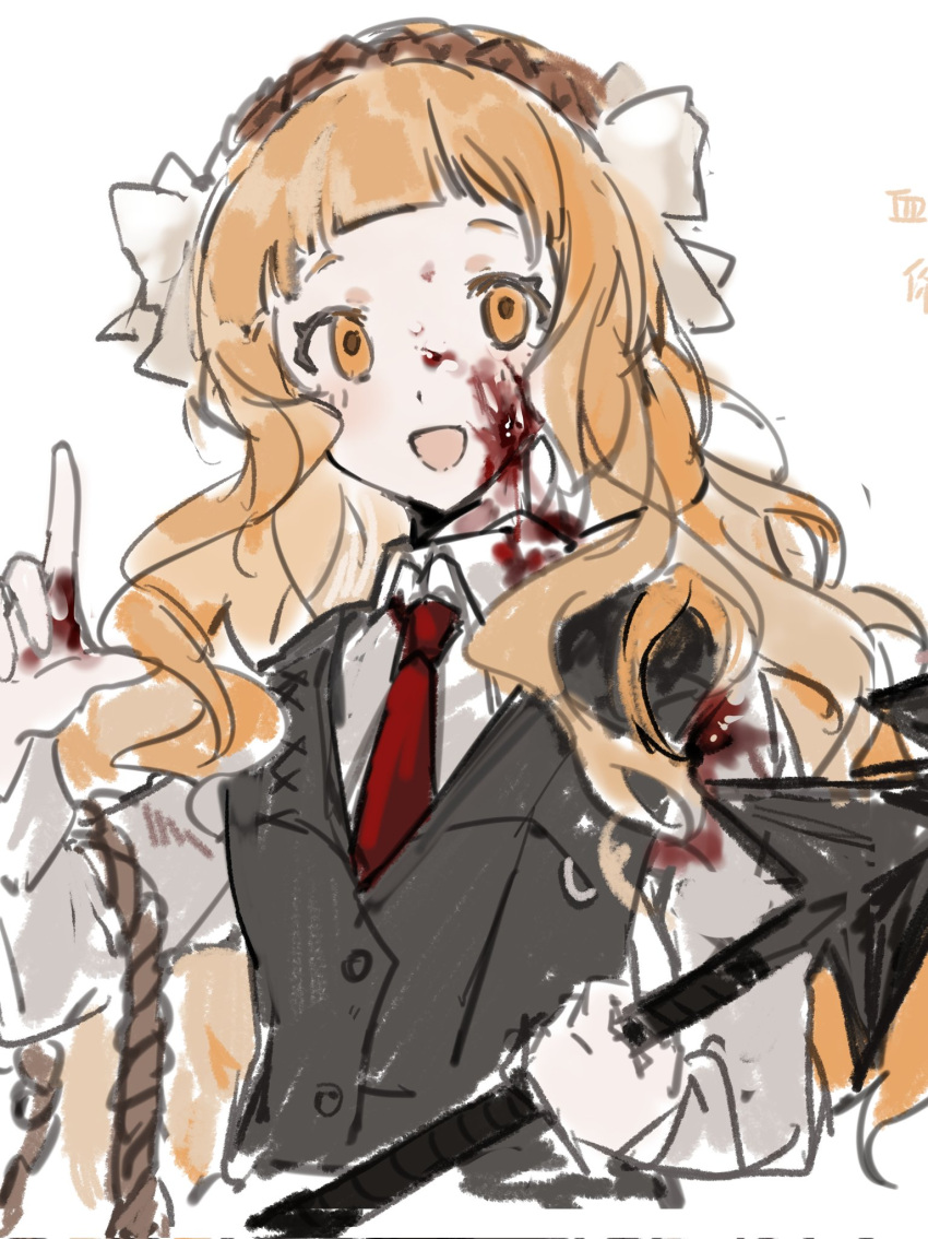 1girl, black_vest, blood, blood_on_clothes, blood_on_face, bow, brown_hairband, collared_shirt