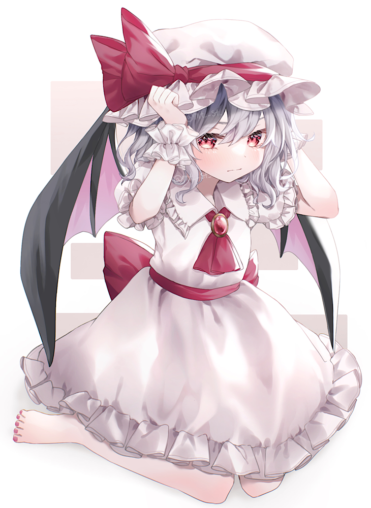 1girl, ascot, barefoot, bat_wings, black_wings, blush, brooch, closed_mouth