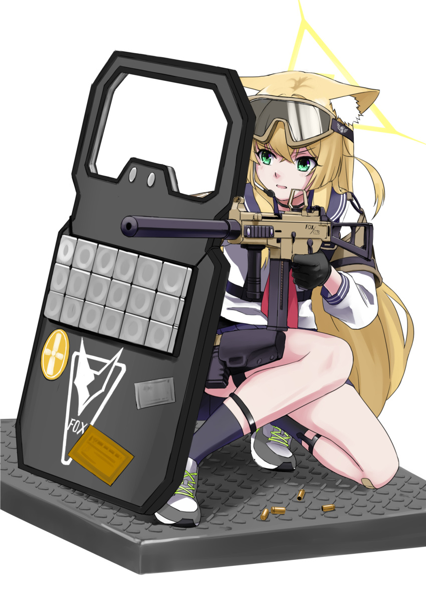 1girl, animal_ear_fluff, animal_ears, ballistic_shield, black_gloves, blonde_hair, blue_archive, commentary_request