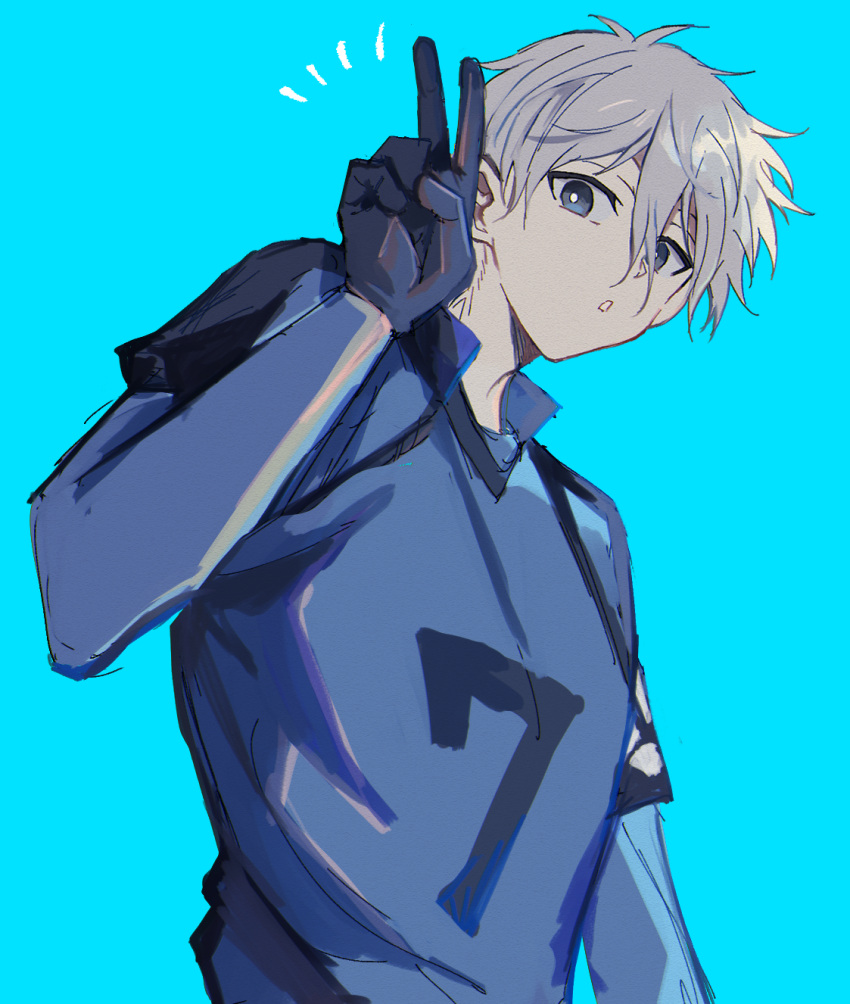 1boy, :o, blue_background, blue_lock, bright_pupils, commentary_request, gloves, grey_hair